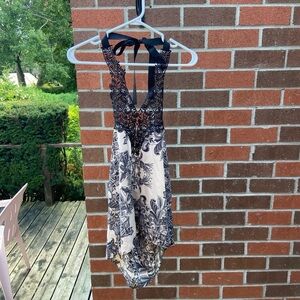 Black & Cream Lace Halter Top